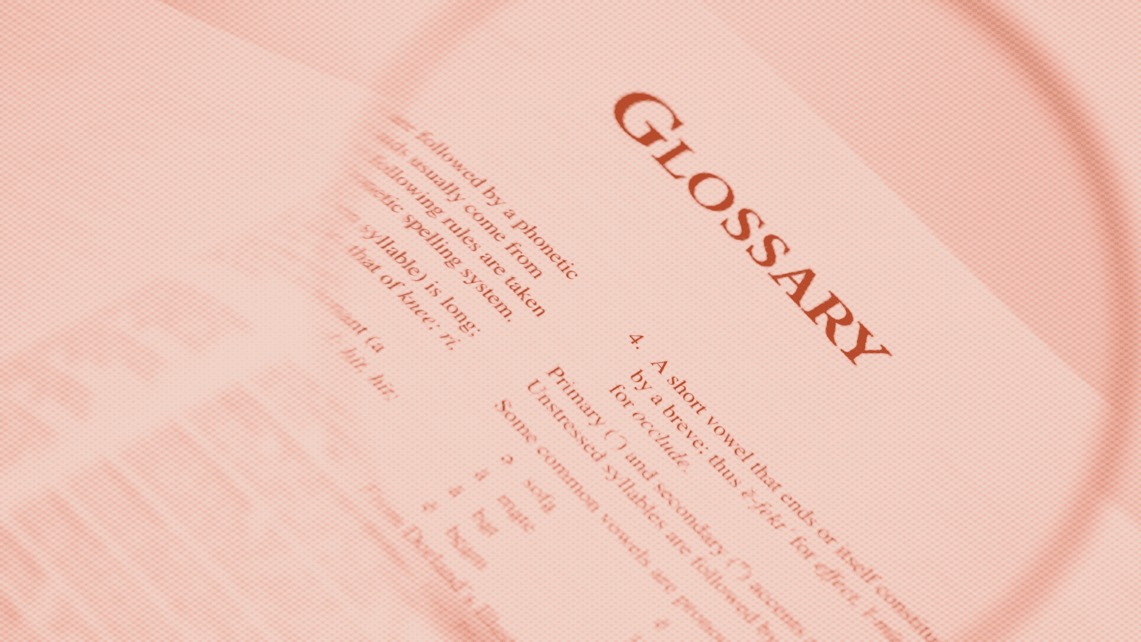Image of a glossary page and magnifying glass, hued pink.