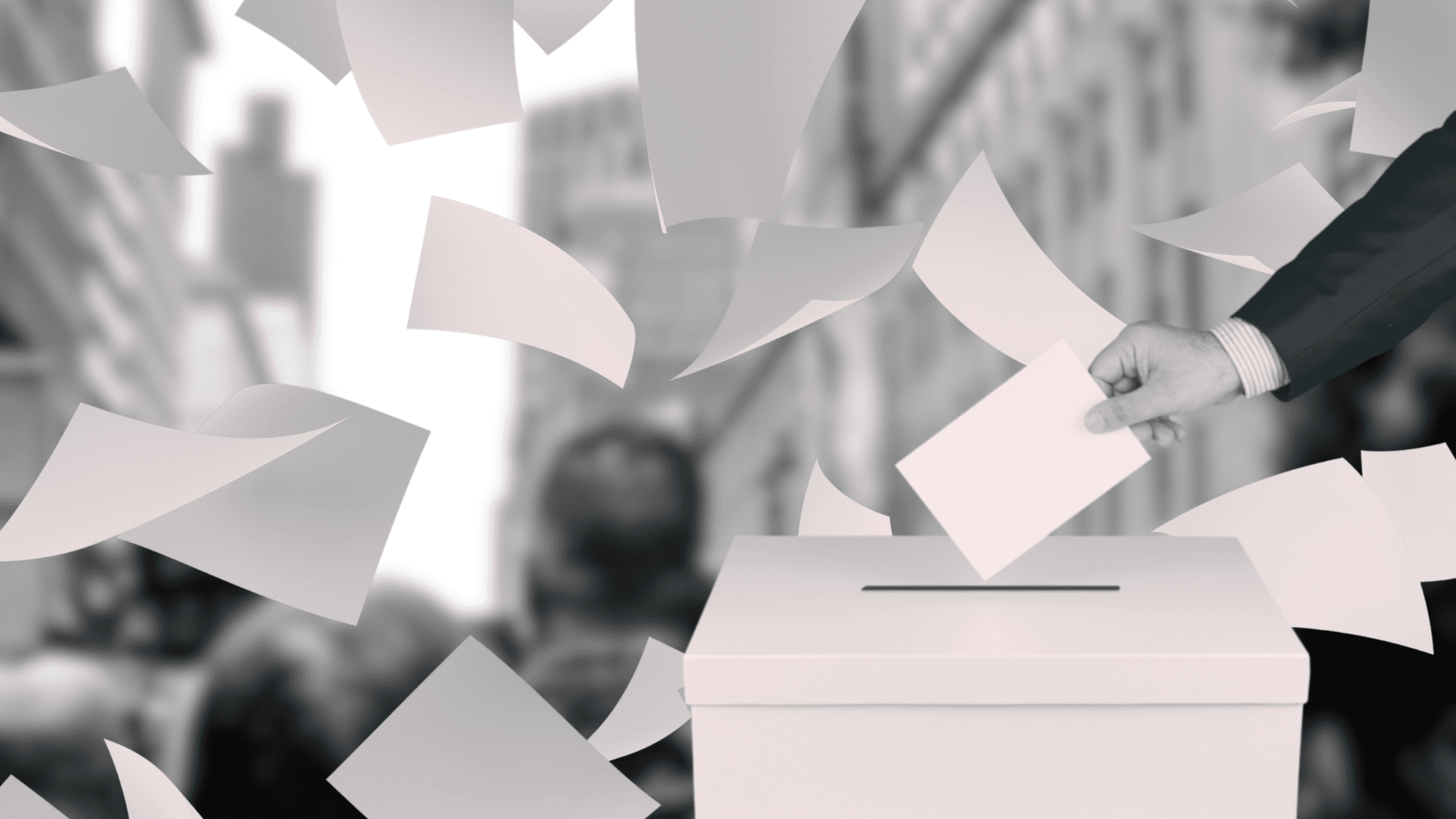 Collage with city in background and a ballot box and ballots in foreground