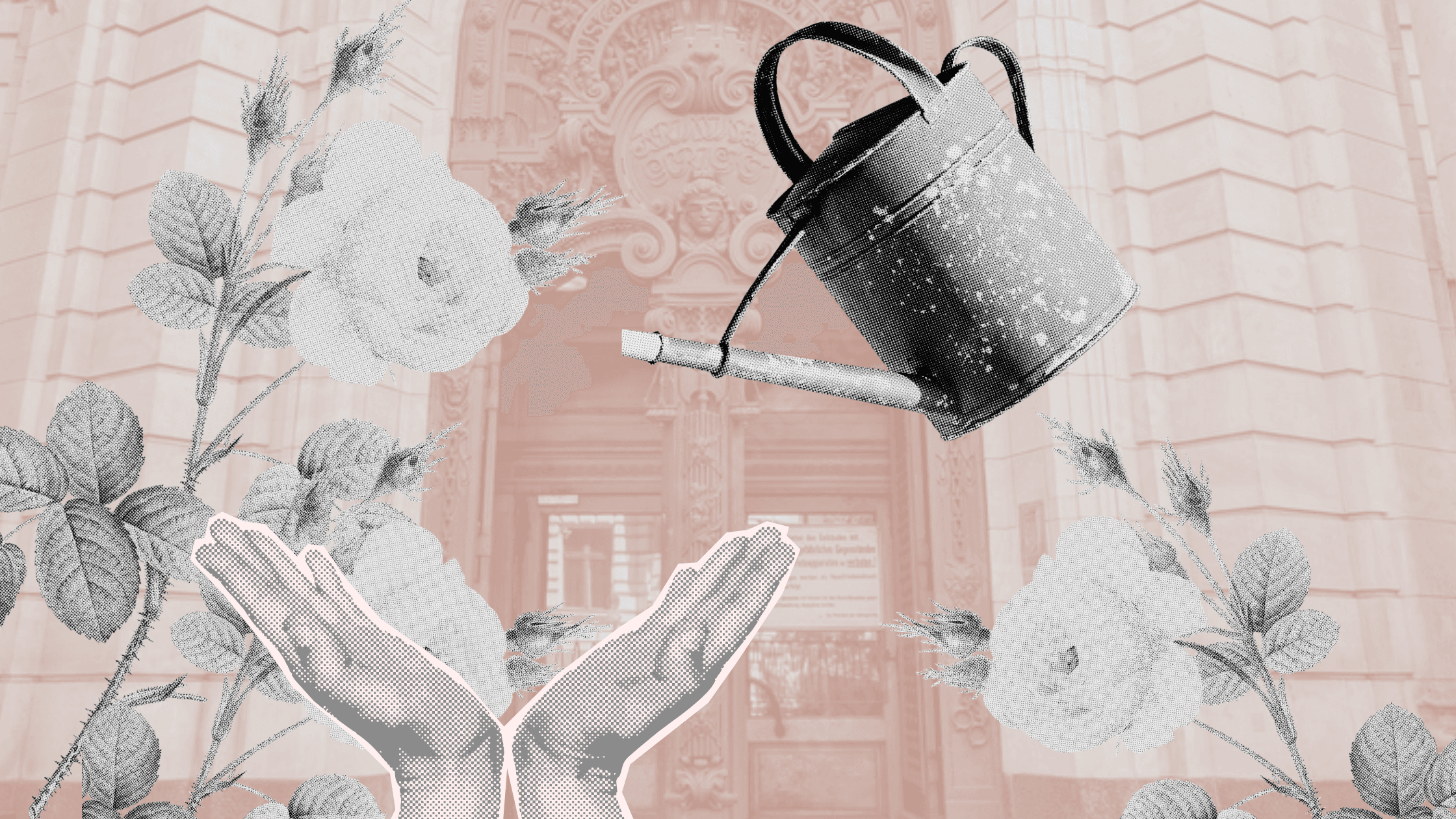 Collage with court building in background, and in the foreground: flowers, open hands, and a watering can.