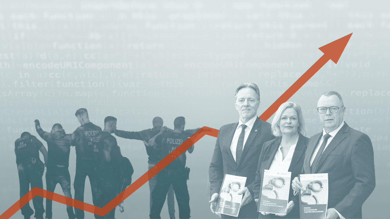 Collage of: politicians holding report, police, and an arrow/graph.