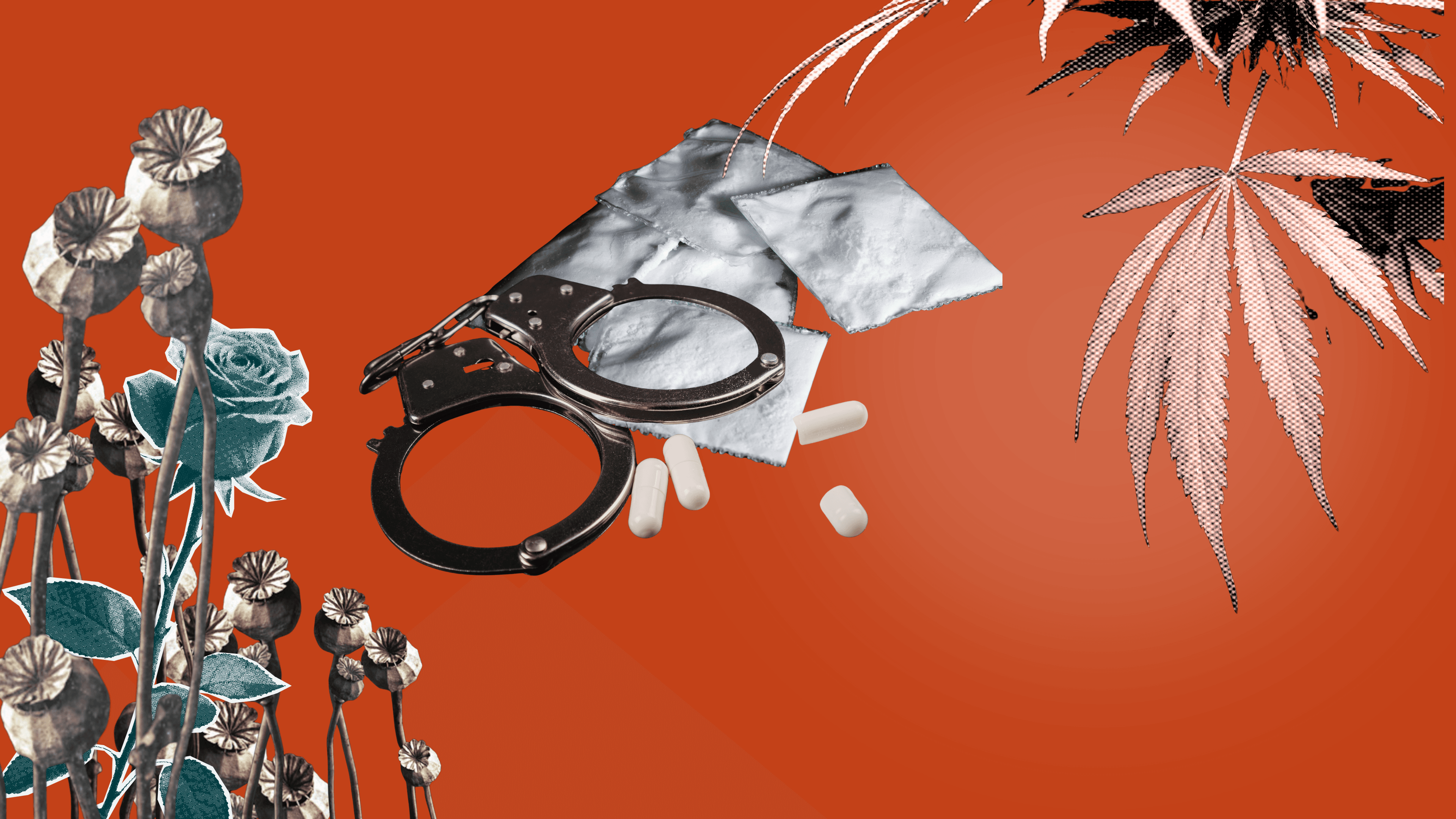 Graphic illustrating the War on Drugs: Showing handcuffs, cannabis leaves, and nondescript substances