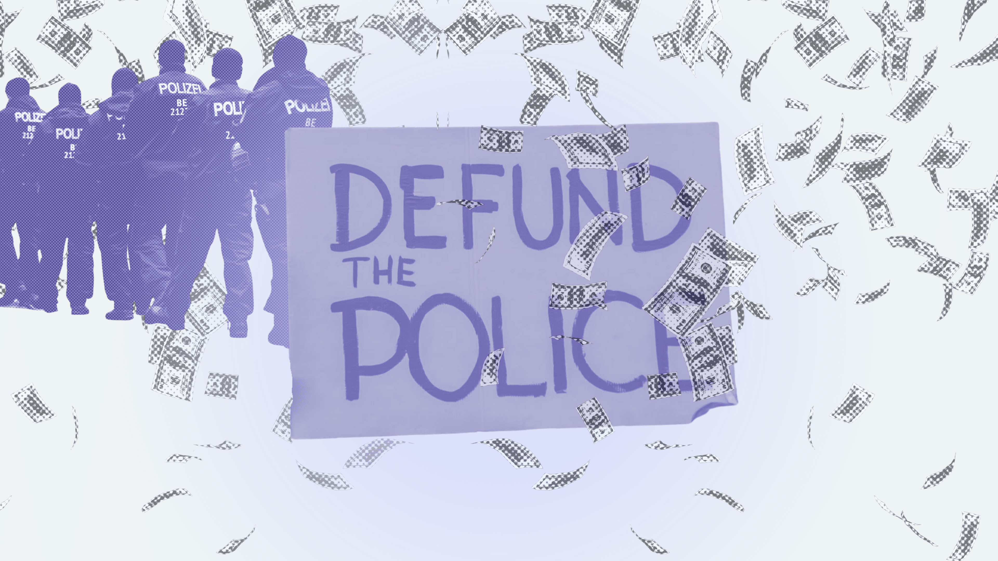 Collage with images of police and money.