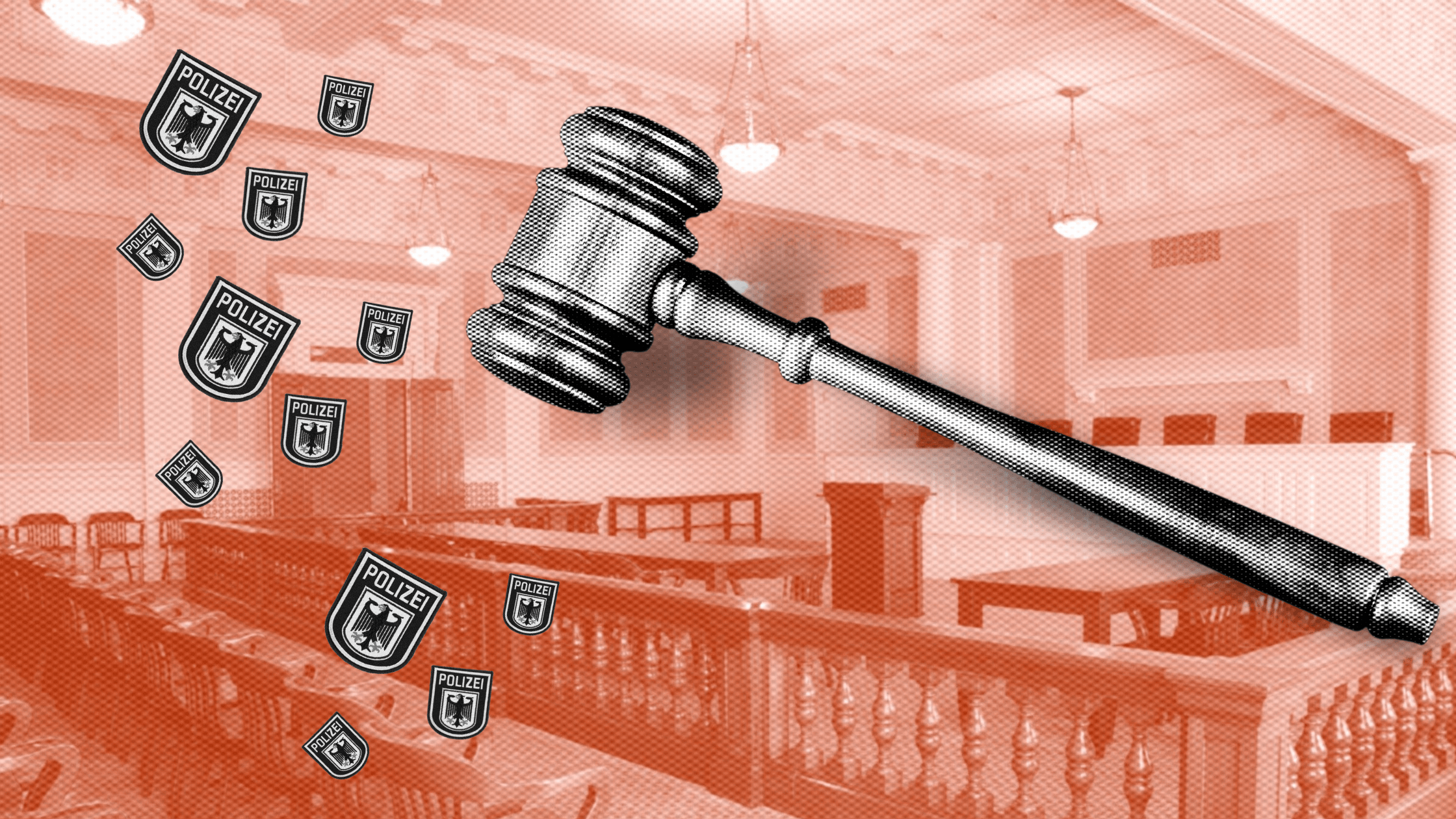 Collage tinted pinkish red with court in background and gavel and police badges in foreground