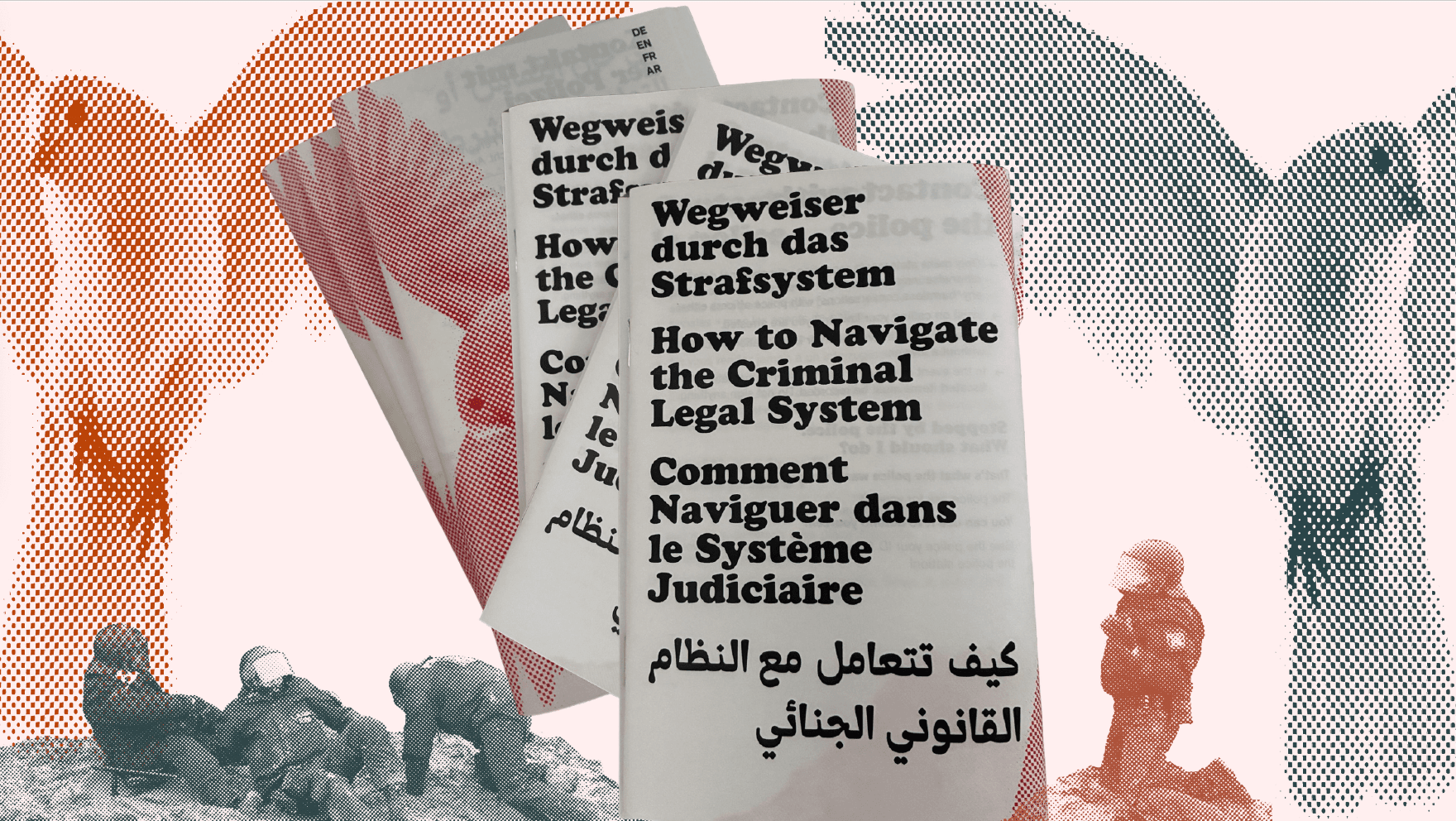 Collage with images of the legal guide, white doves, and police