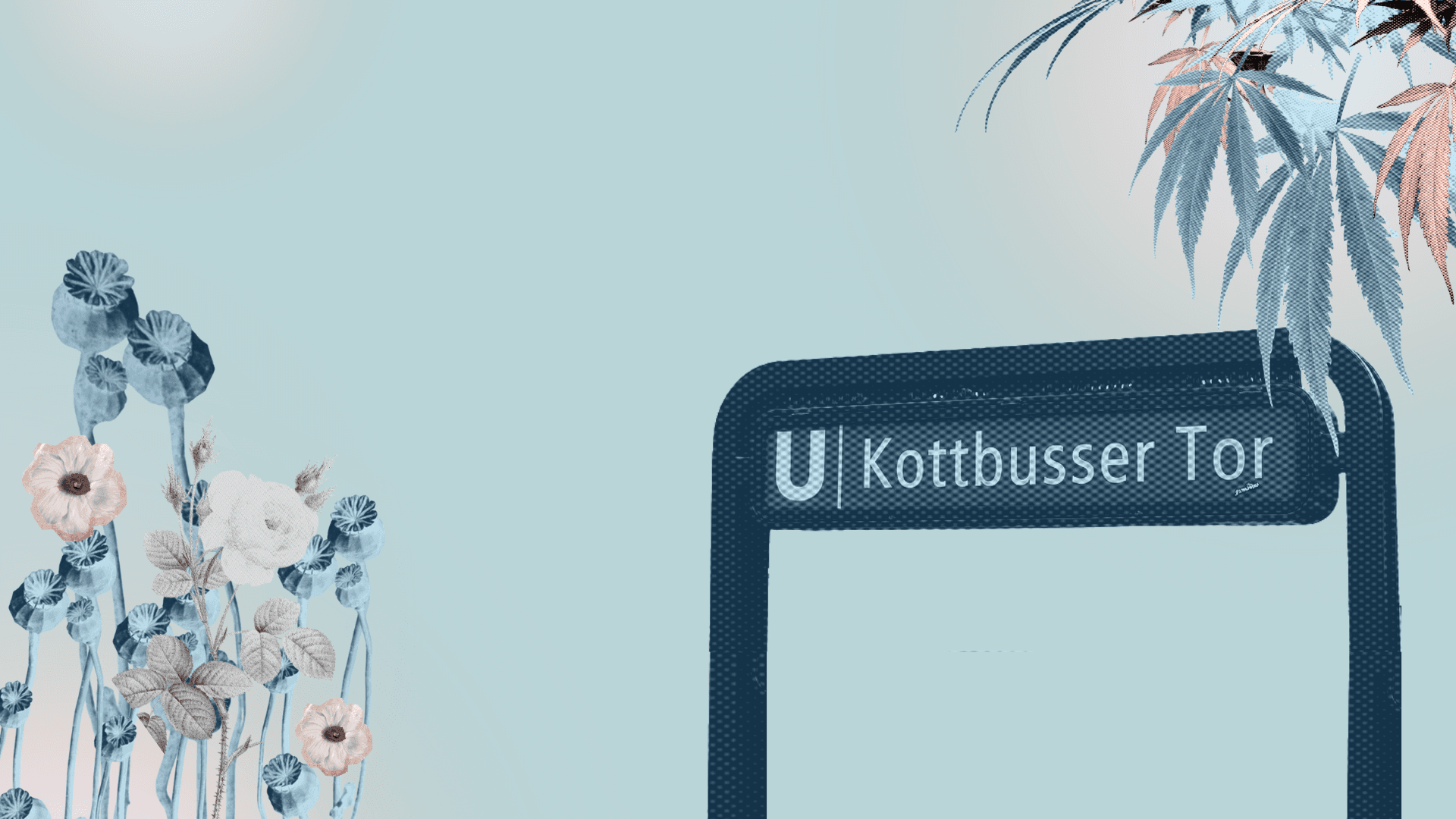 Graphic with various illustrated elements, including a subway sign that reads "Kottbusser Tor"